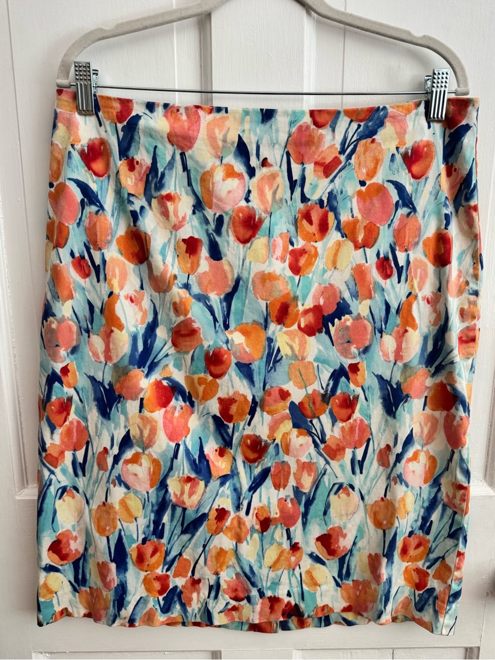 Women’s Talbots  Watercolor Floral Pencil Skirt in Peach, Coral & Blue Size 14
